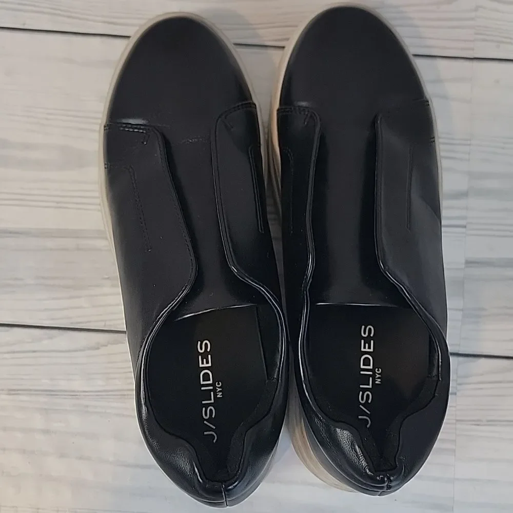 J/SLIDES NYC  Slip-On Platform Sneakers Black Faux Leather Womens Size 8M